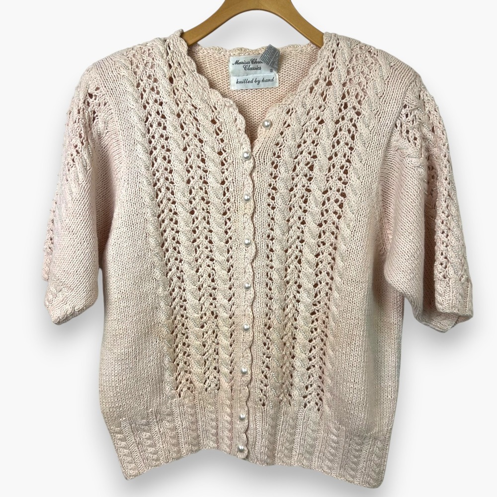 Grandmacore Beaded Hand Knit Cardigan Pink with Pearls Marisa Christina M EUC